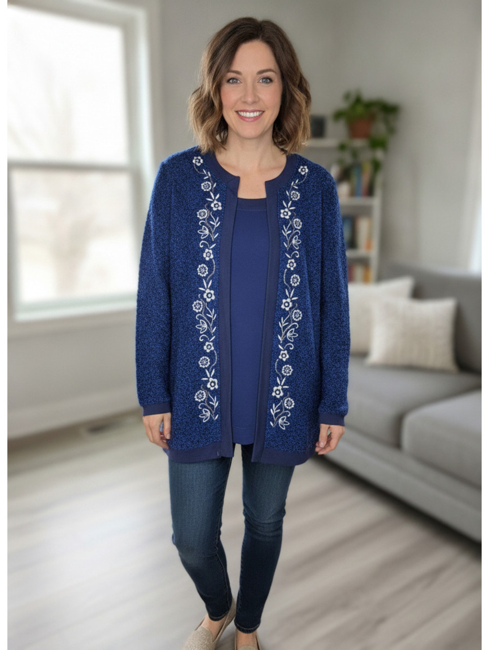 Cathy Daniels Navy Blue Boucle Sweater 2X with Floral Embroidery